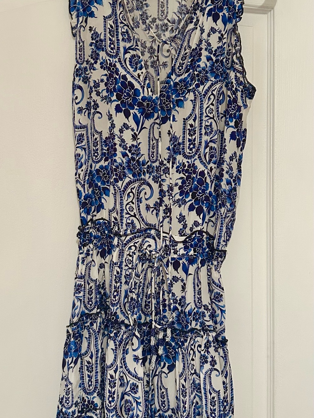 Blue & White Floral Paisley Sleeveless Romper.